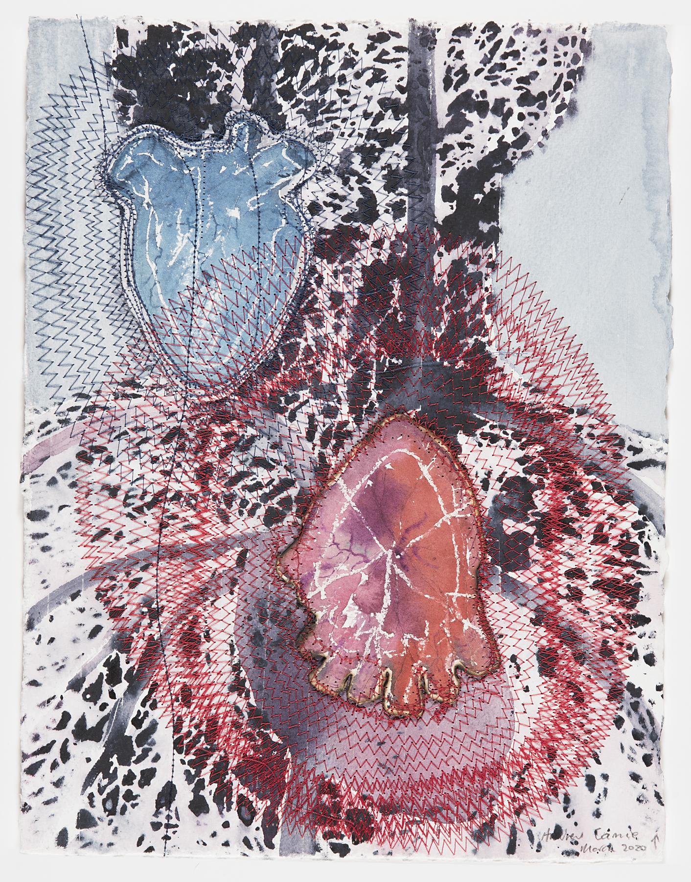 A blue and a red anatomical heart on a black and white dotted background, the same color stitching is around each heart