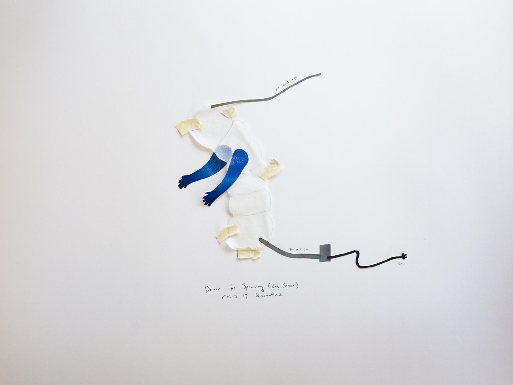 A mixed-media collage of a white space suit with blue arms and "Device for Spooning" written under it