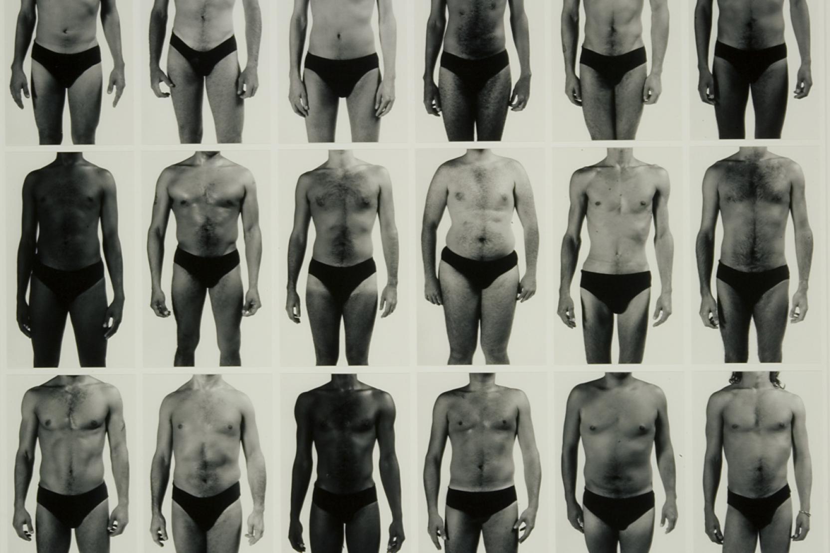 3 by 6 grid of black-and-white images of various men’s upper bodies, they each wear a pair of black underwear