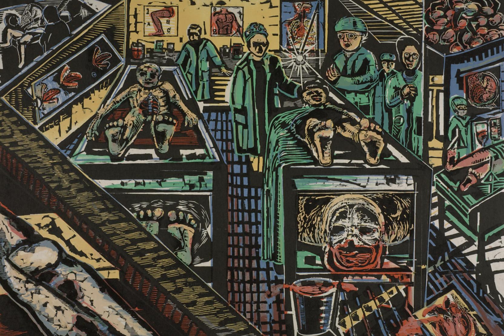 Doctors in blue medical coats stand over an operating table in a room full of bodies