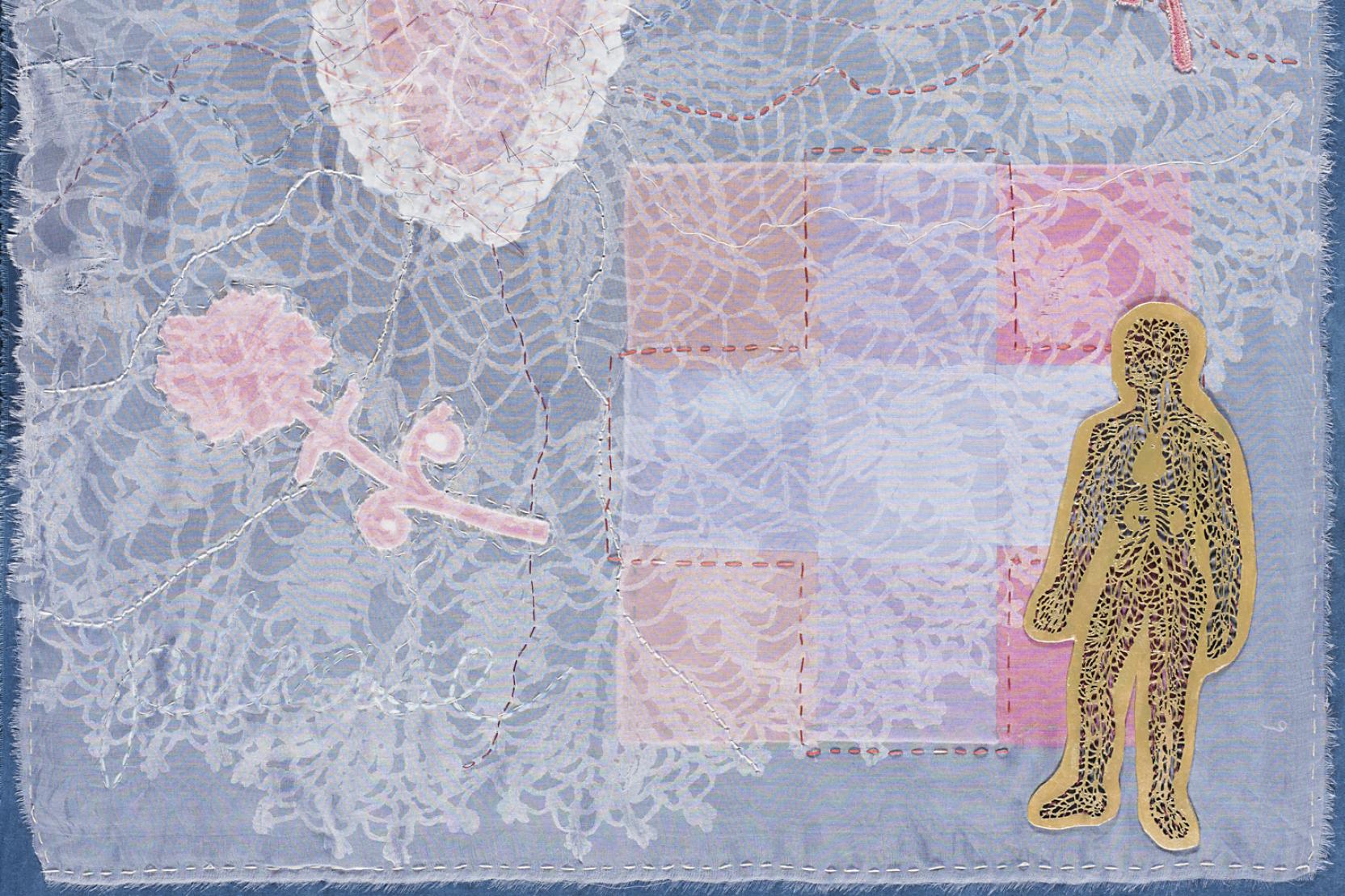 A silhouette of a person, pink and white flowers, and lace sewn onto a dark blue square fabric