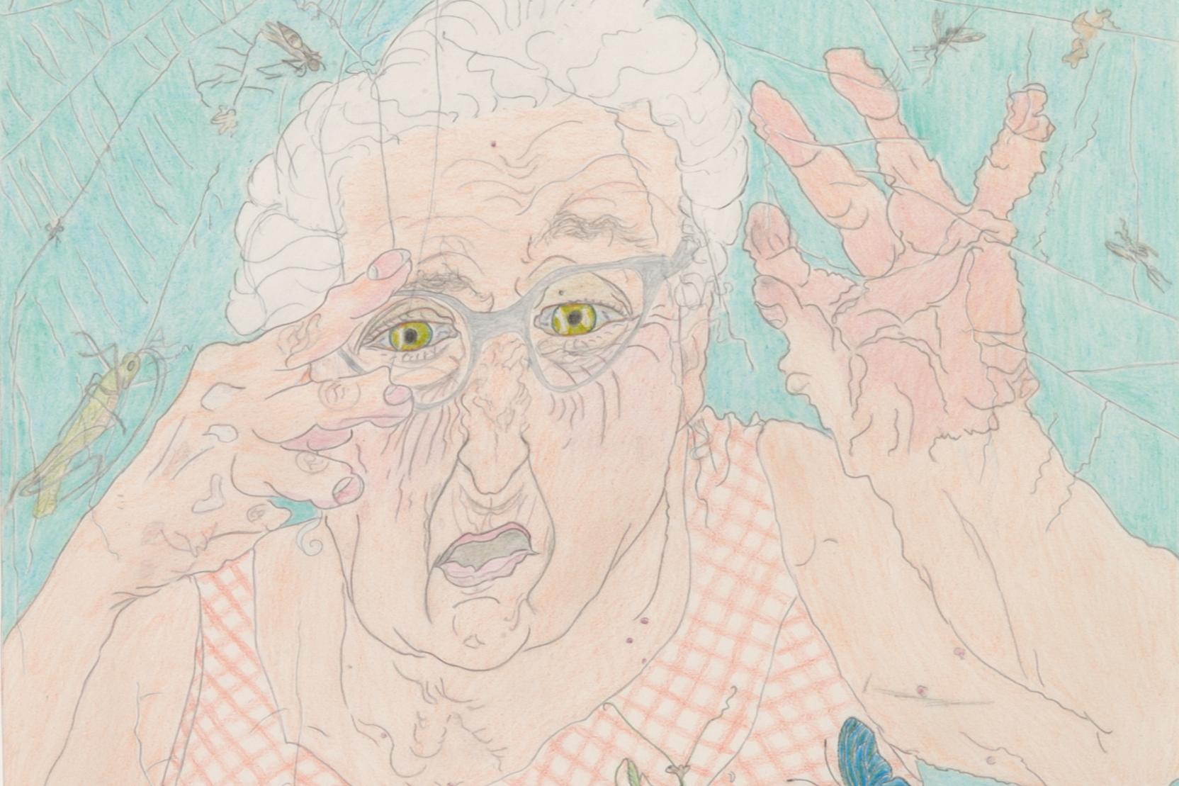 Colored pencil drawing of an elderly white woman with her hands raised next to her face
