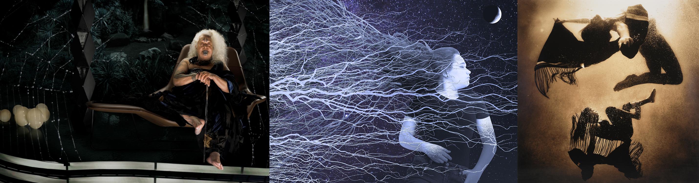 Three images, on the left a white haired woman holding a staff, in the center a woman with long hair, on the right two figures underwater