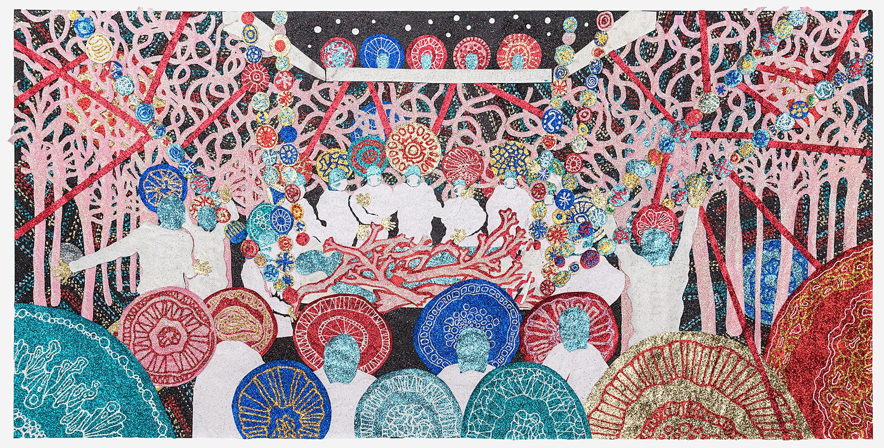Abstract painting of colorful figures in a wooded area surrounding another figure lying under a pile of branches
