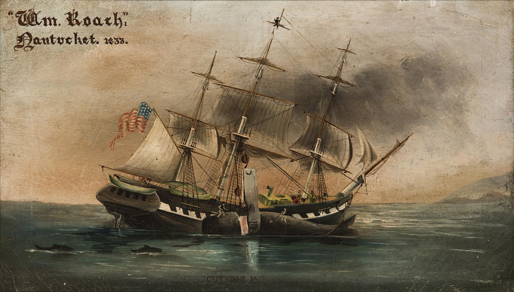 A large ship with three masts flying an American flag sinks as smoke billows out and sea life gathers nearby