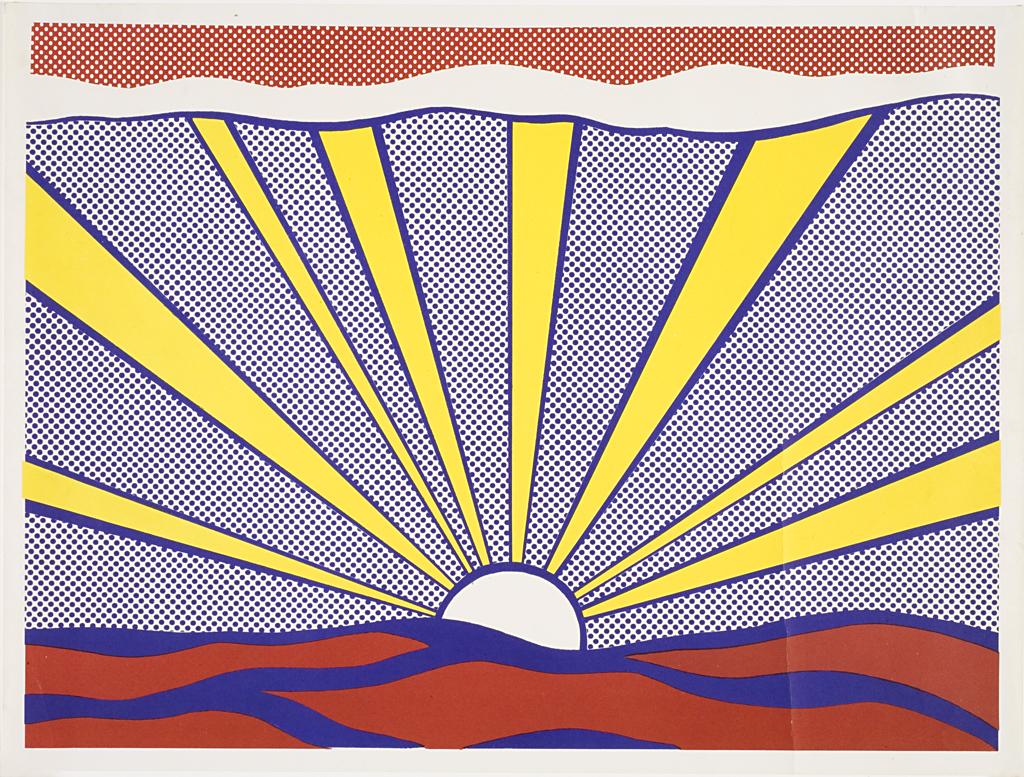 A cartoon depiction of a sun with bright yellow rays outlined in blue rising behind red and blue hills