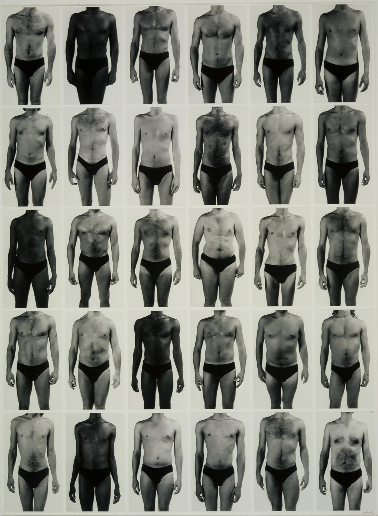 5 by 6 grid of black-and-white images of various men’s upper bodies, they each wear a pair of black underwear