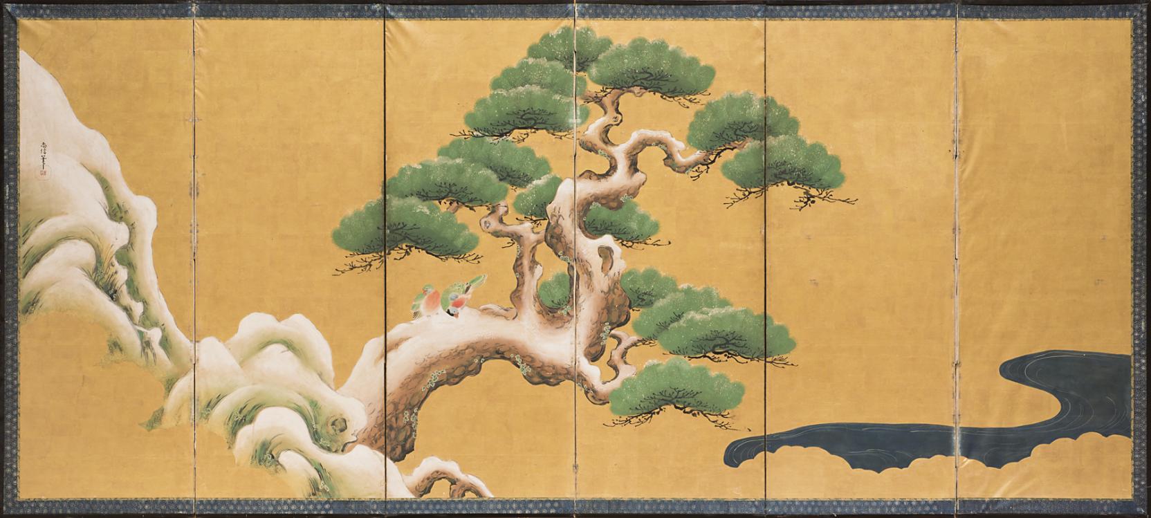 A twisted pine tree dominates the center of a six-panel folding screen with a gold background; two colorful birds perch on the trunk