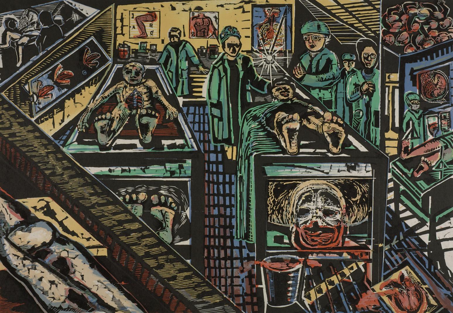 Doctors in blue medical coats stand over an operating table in a room full of bodies