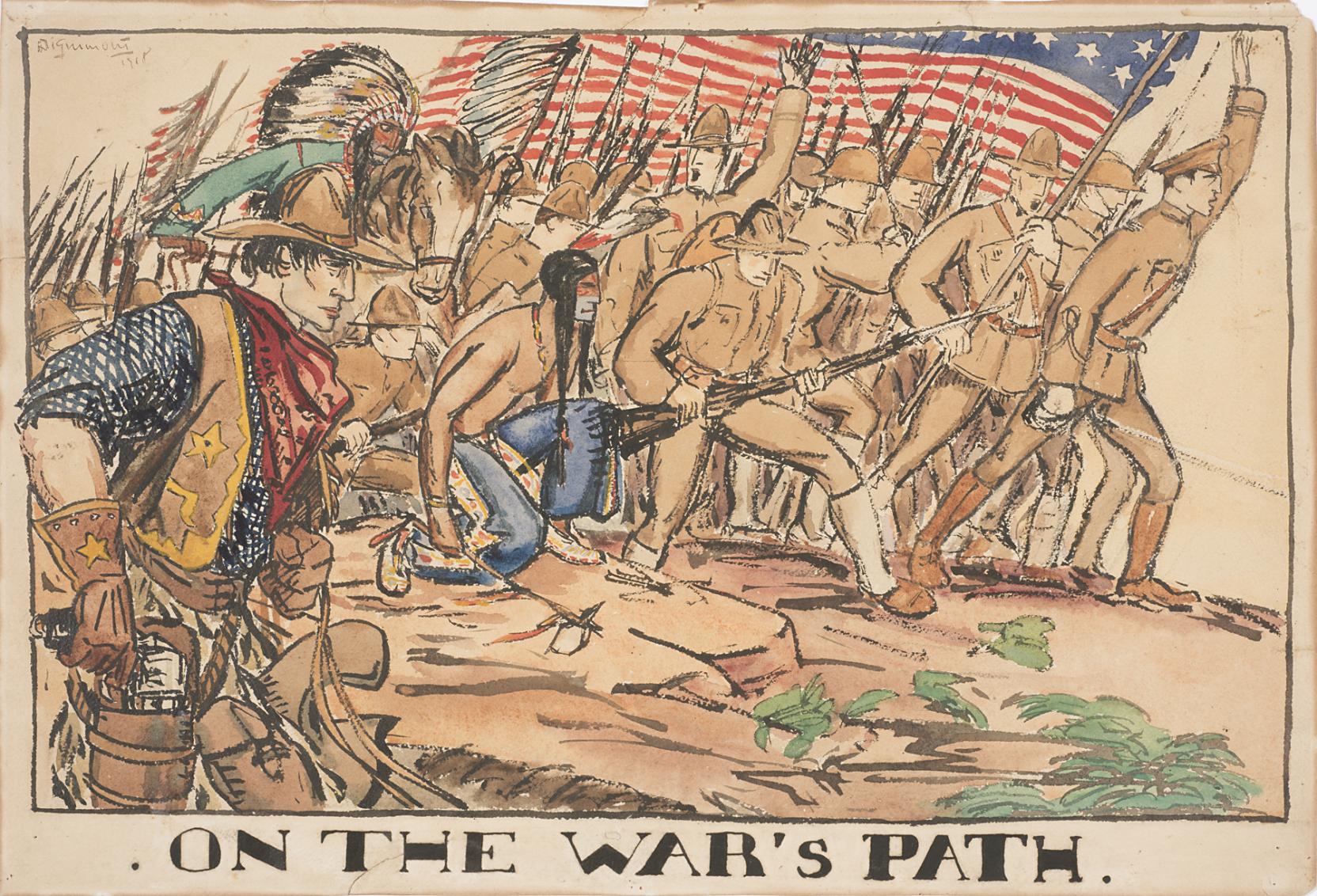 A line of soldiers carrying flags charges forward with a Native American and cowboy in the foreground