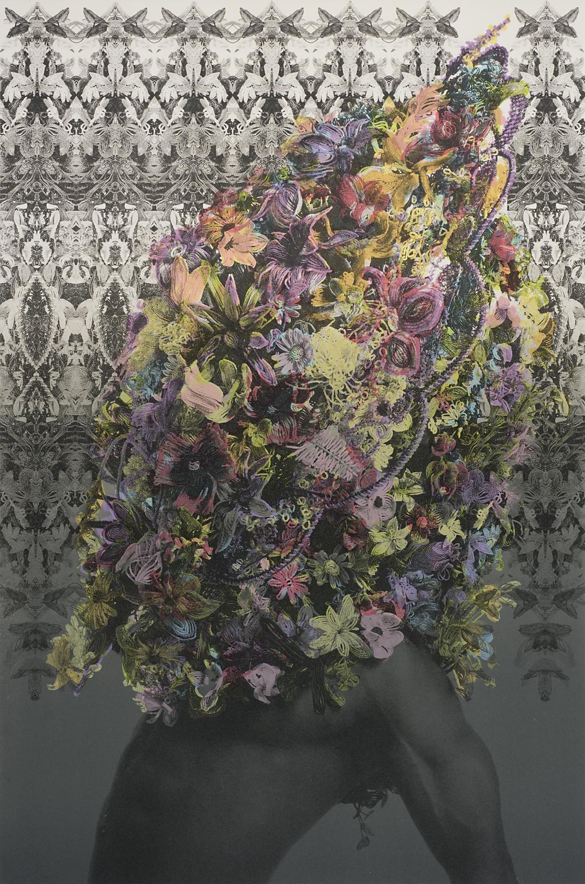 A huge arrangement of colorful flowers obstructs the face of a nude male torso leaning back in front of ornate black-and-white wallpaper