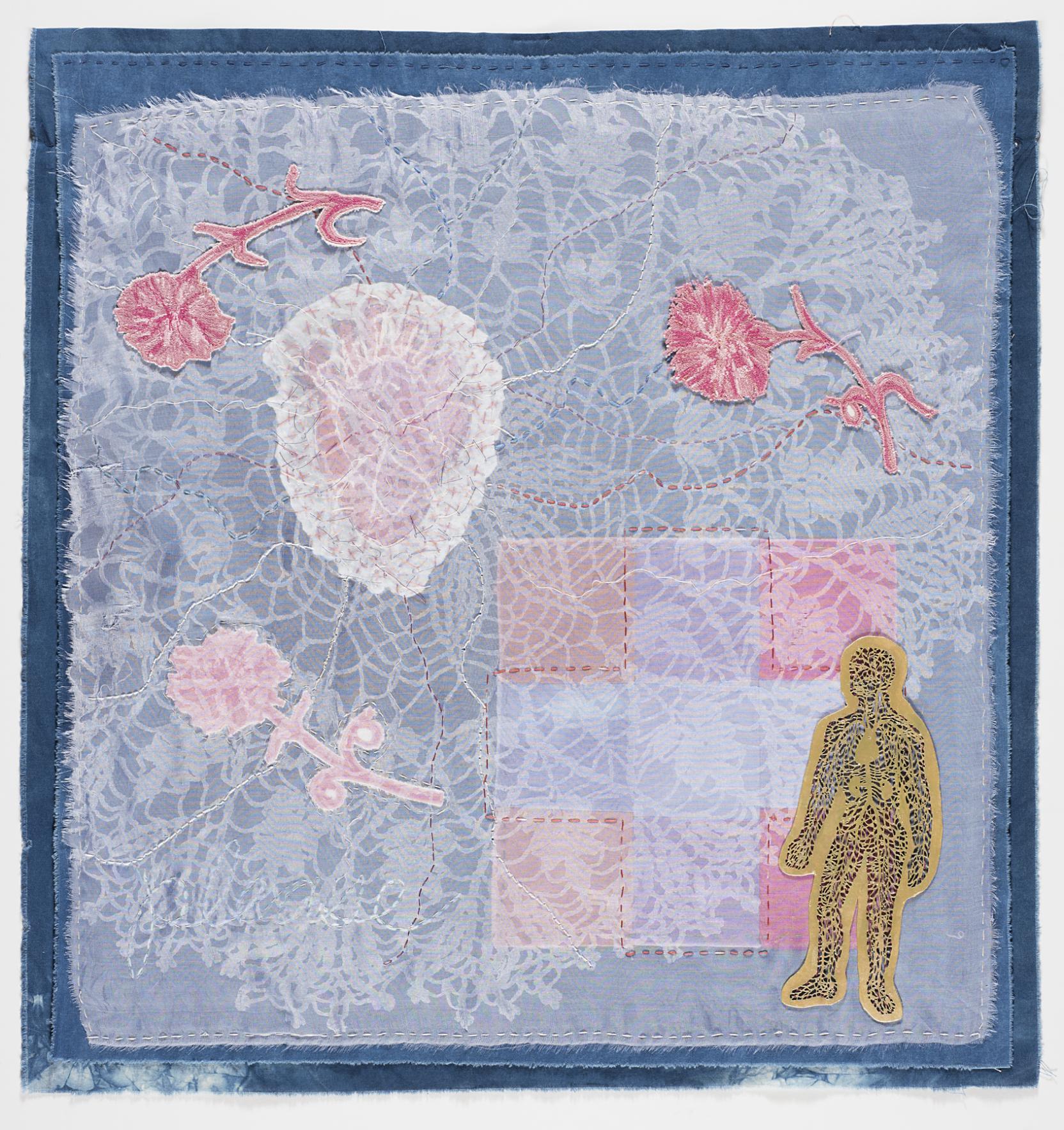 A silhouette of a person, pink and white flowers, and lace sewn onto a dark blue square fabric