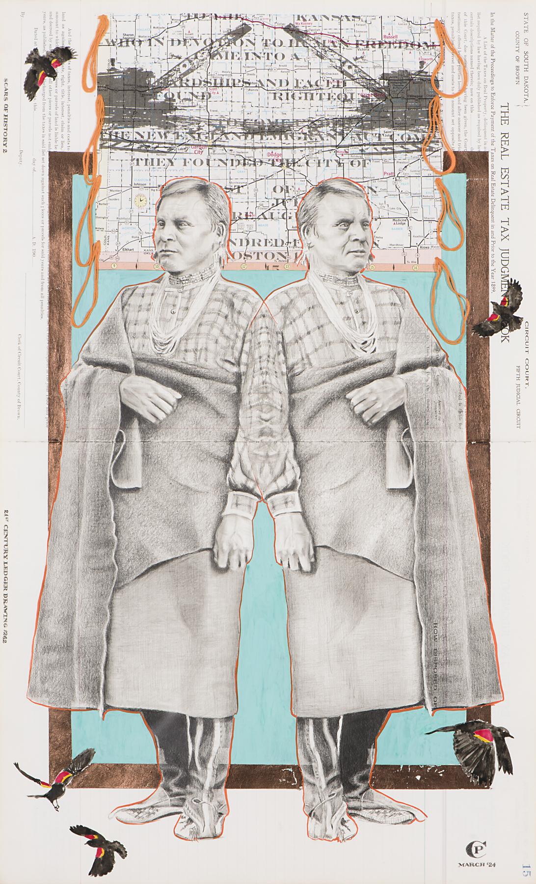 A drawing on ledger paper of two men dressed in traditional Native clothing with cranes in the background