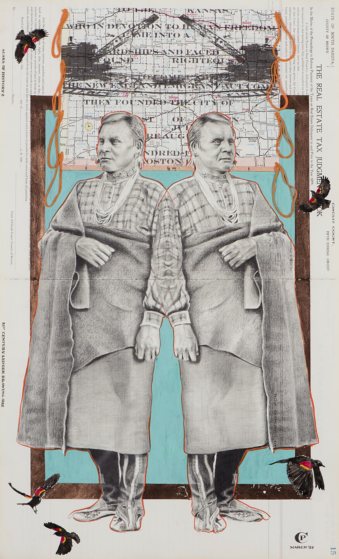 A drawing on ledger paper of two men dressed in traditional Native clothing with cranes in the background
