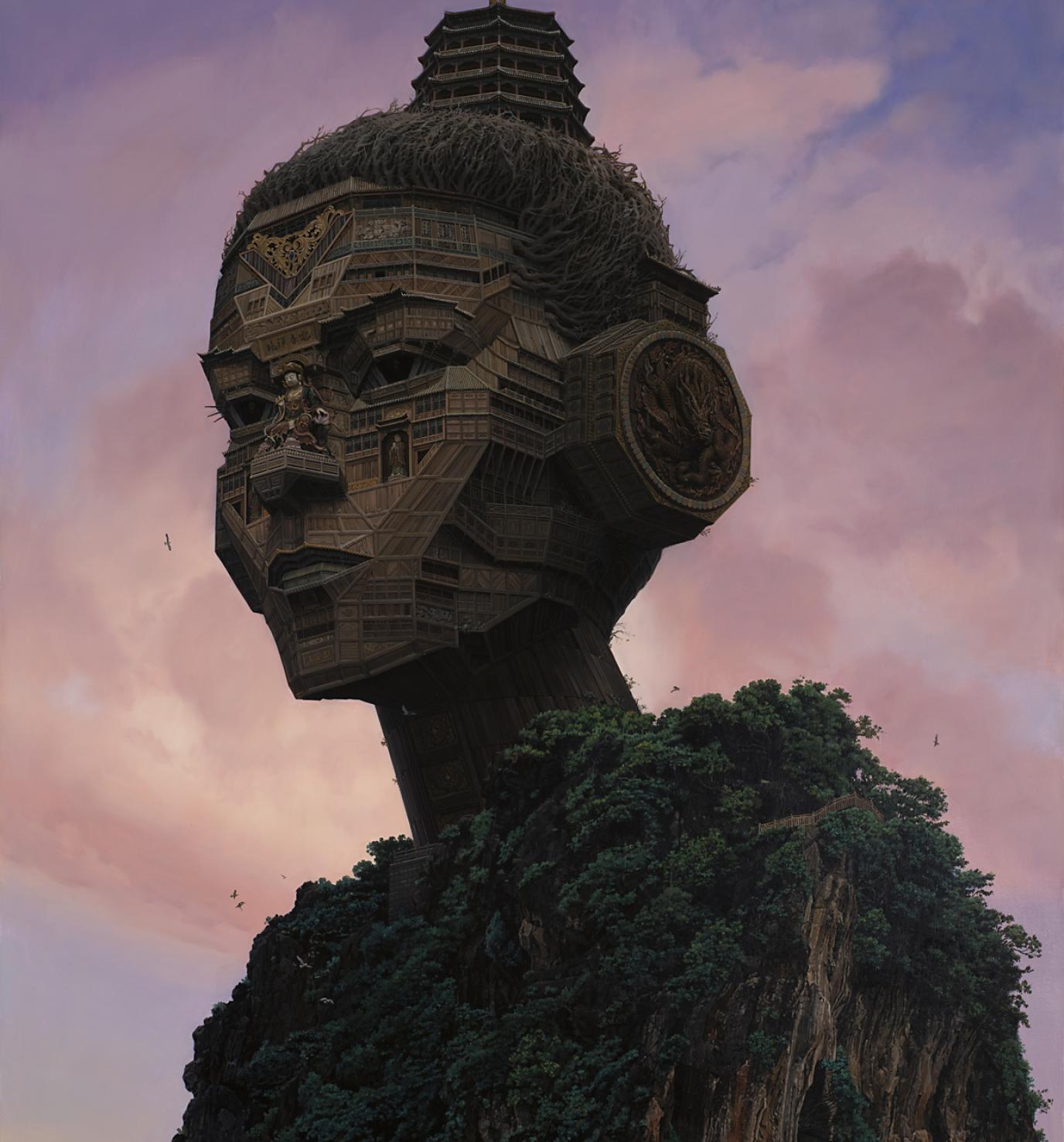 An intricate wooden temple shaped like a woman’s head is perched atop a rocky island covered with green plants