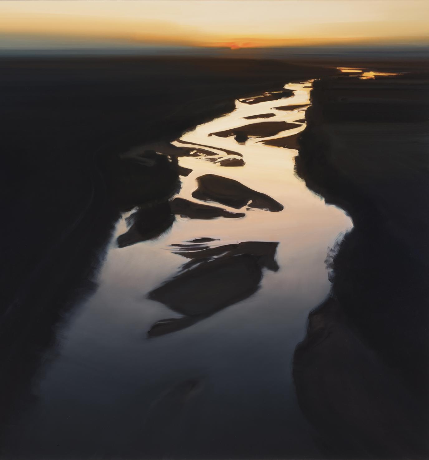A river illuminated by the orange hues of a horizon flows through the middle of a dark landscape