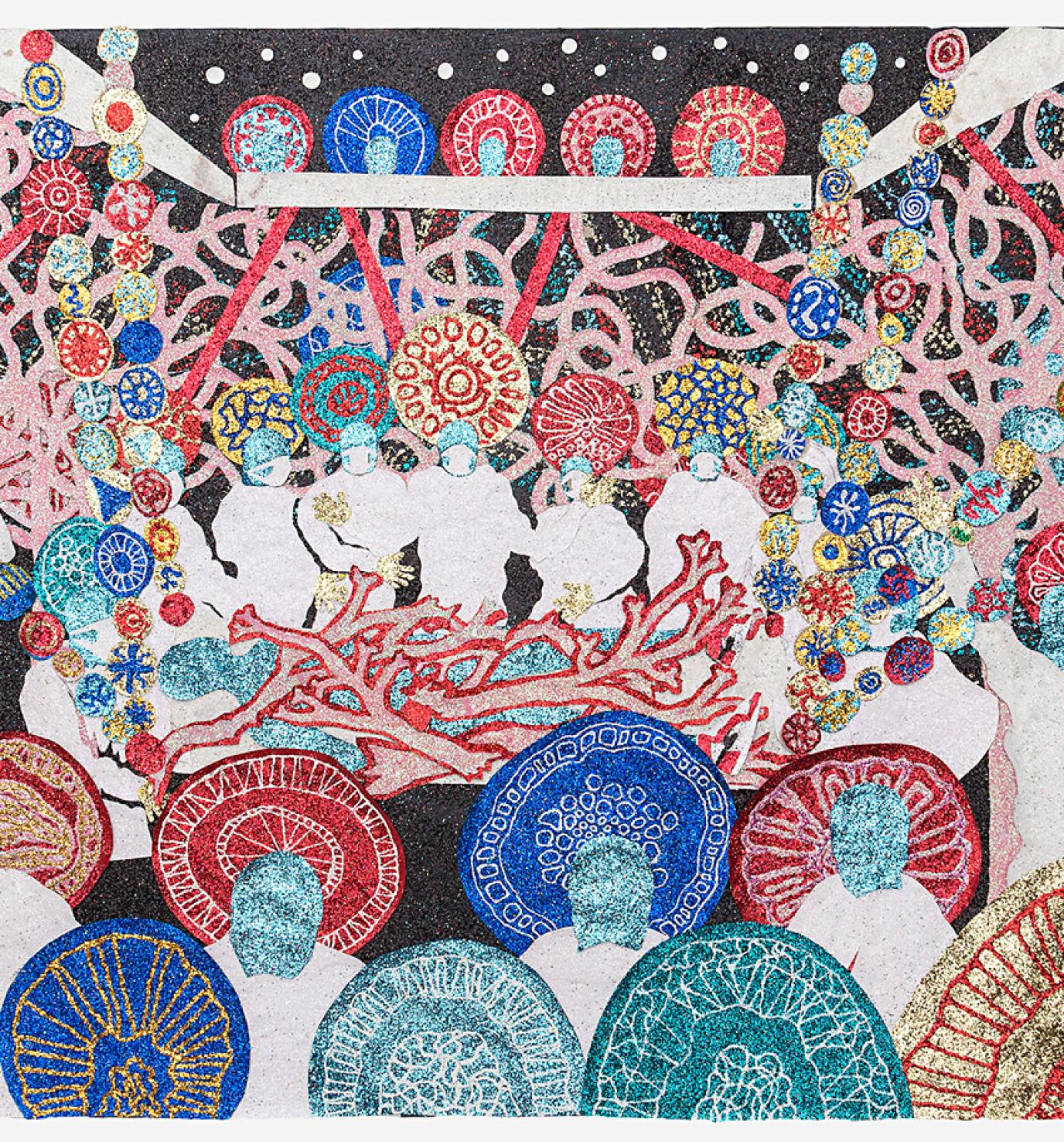 Colorful mosaic featuring a group of figures in the middle of a red forest looking at a pile of red branches
