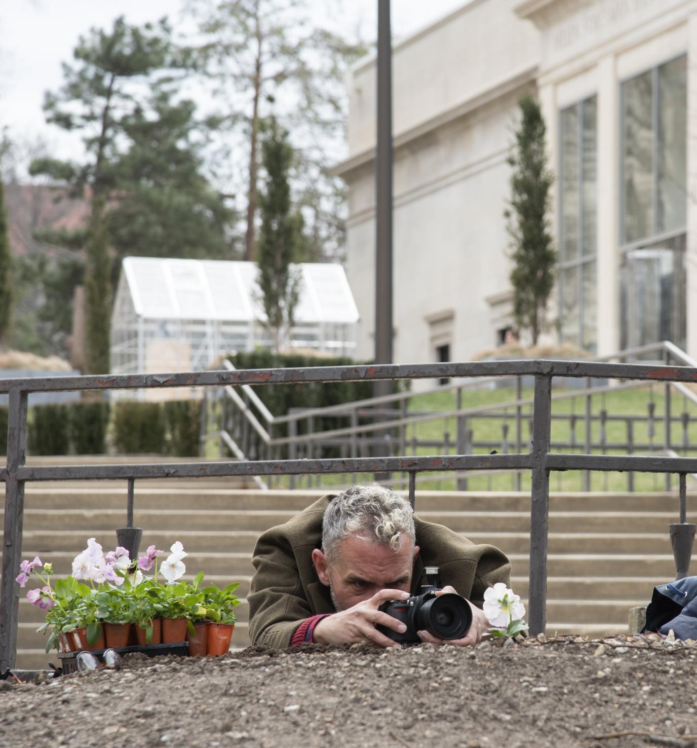 A white man with gray hair crouches behind a small hill, taking a photograph of a white pansy