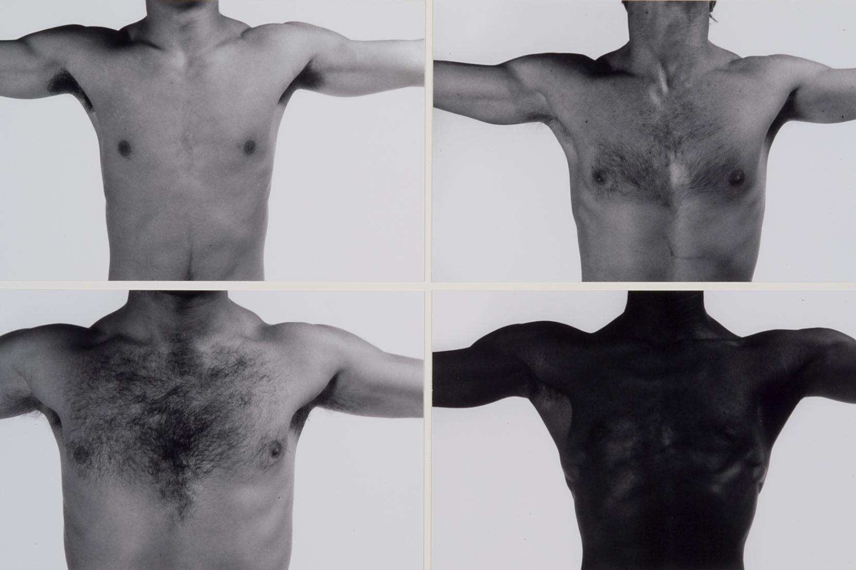 Grid of four black-and-white photos of nude male chests and upper arms which are outstretched