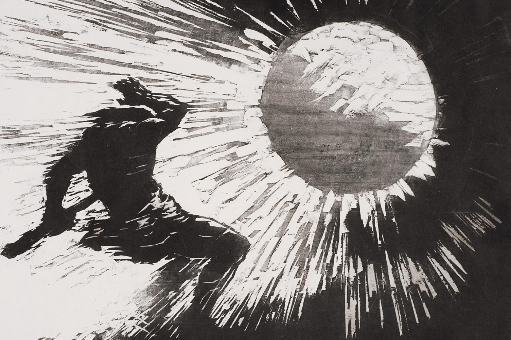 Black-and-white print of a figure falling backward away from an overpowering sun with rays that surround them
