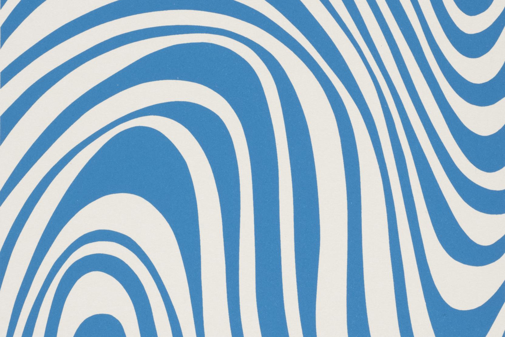 Thick blue and white lines swirl up from the lower left and down from the upper right