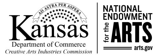 Black and white logos for the Kansas Department of Commerce and the National Endowment for the Arts