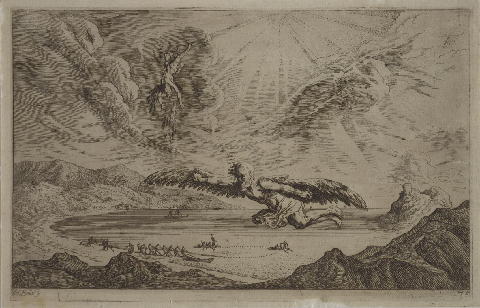 Black-and-white etching of an old man with wings flying over a mountain; above him, a young man falls from the sky  