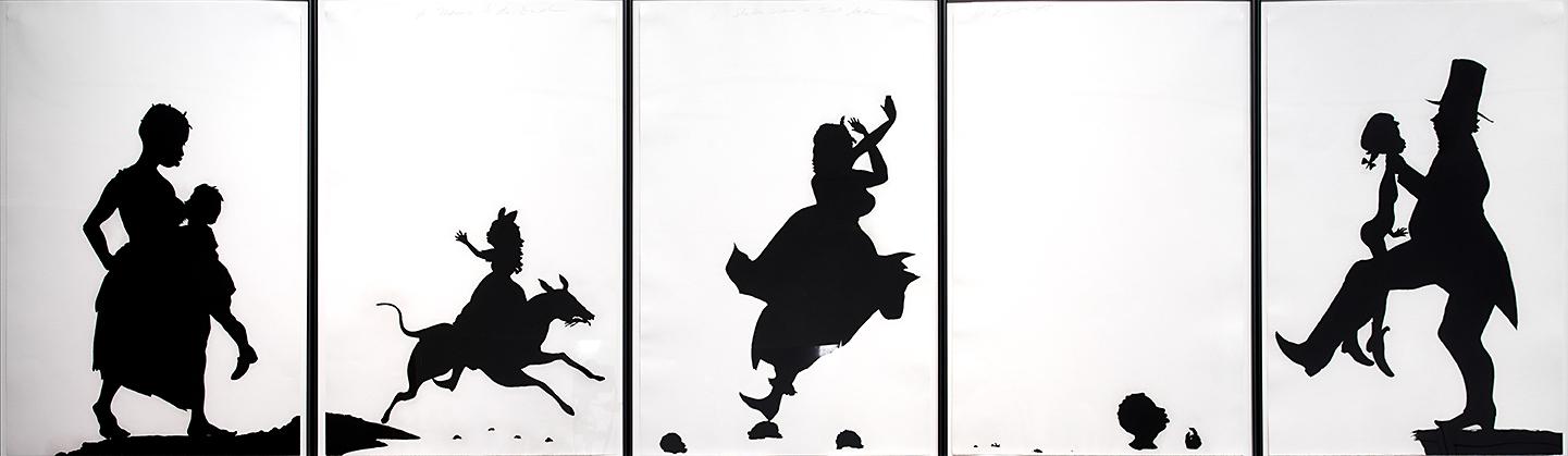 Composite image of five black silhouettes against a white background; the figures include adults and children wearing old-fashioned clothes and a dog