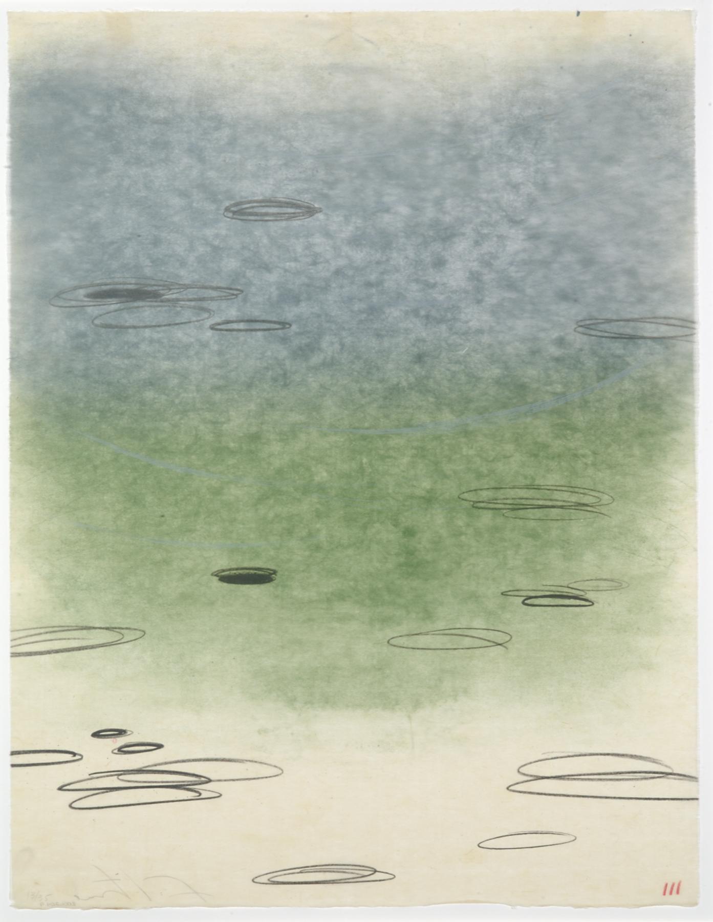 An abstract landscape with bands of blue and green shading and imperfectly drawn ovals spread across a vertical white background