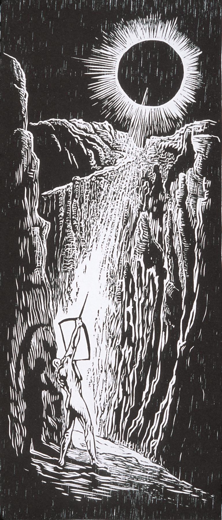 Black-and-white etching of a nude figure standing in a canyon, pointing a bow and arrow up at a black sun