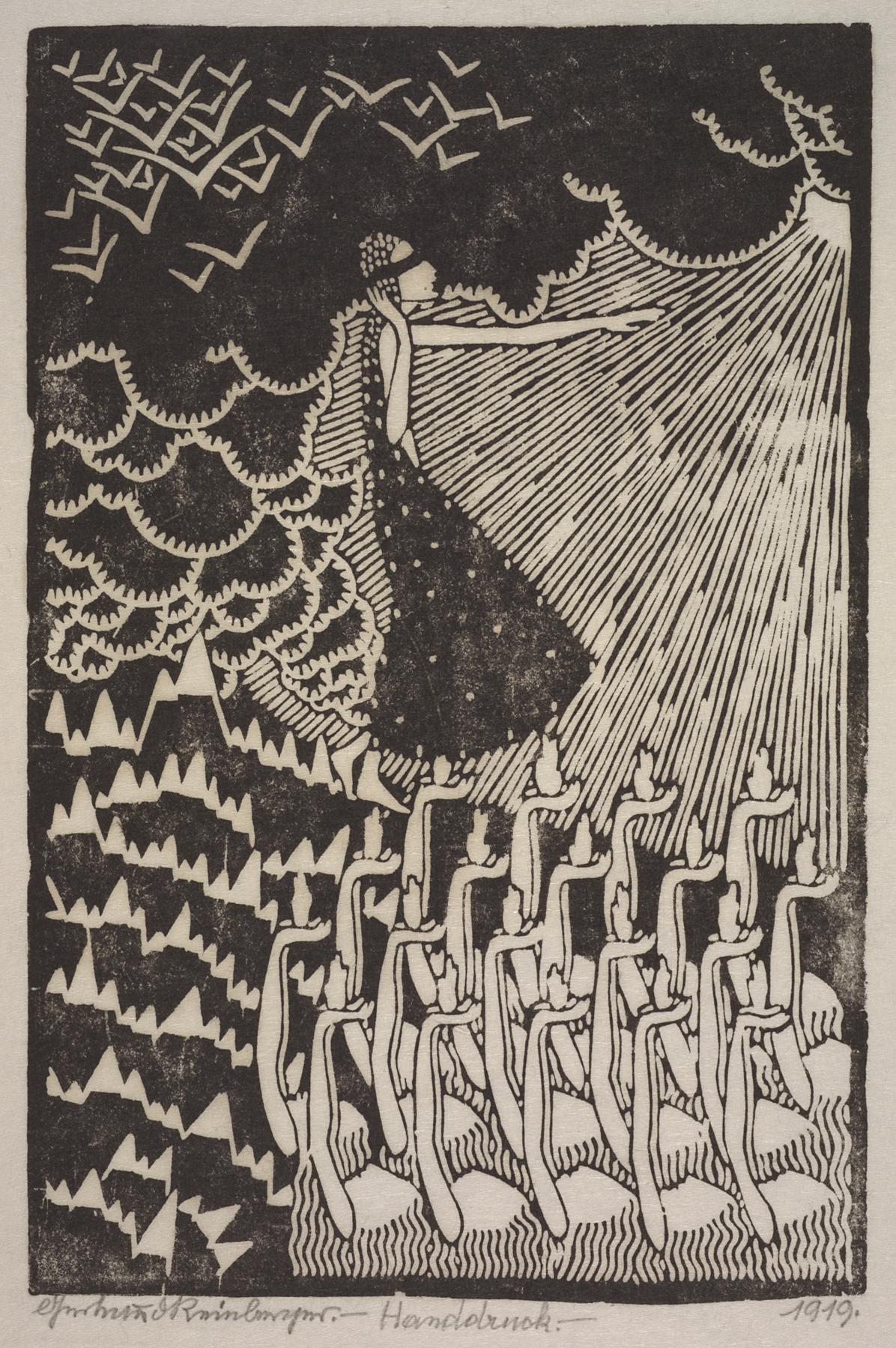 Black-and-white depiction of a blindfolded woman walking across a sea of outstretched disembodied arms as a storm surrounds her