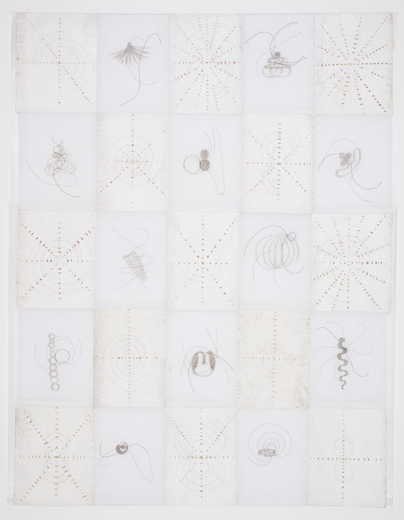 A grid of alternating white and off-white squares with delicately embroidered swirls, lines, and dots