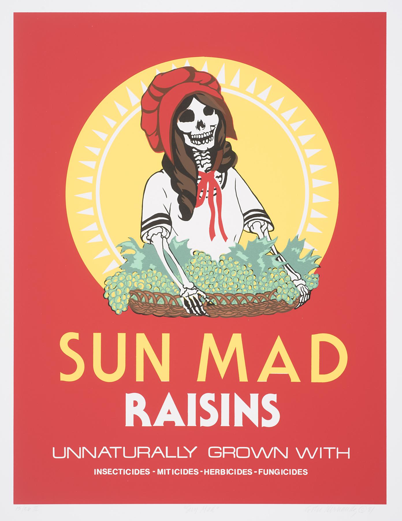 A skeleton in a red bonnet grasps a basket of grapes in front of a yellow sun above the words “Sun Mad Raisins”