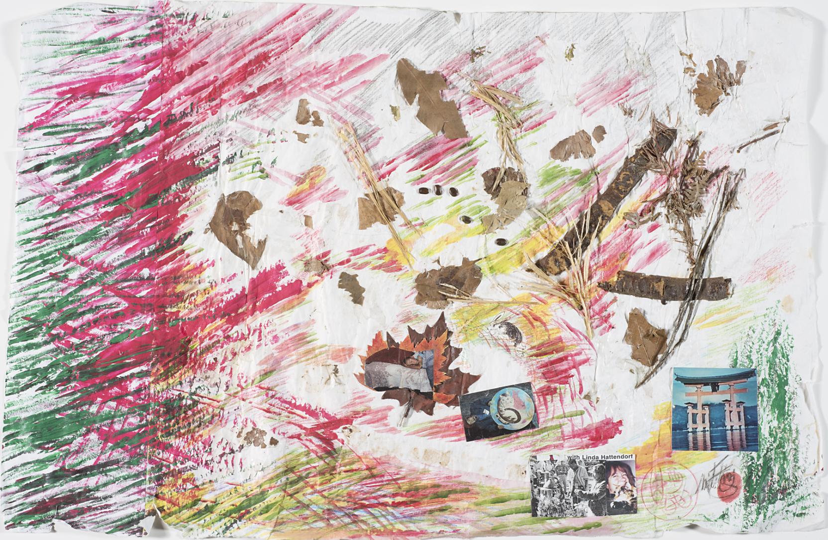 Collage with heavy strokes of green and red on the left, and dried leaves, grass, and photographs in the center against a multi-colored background