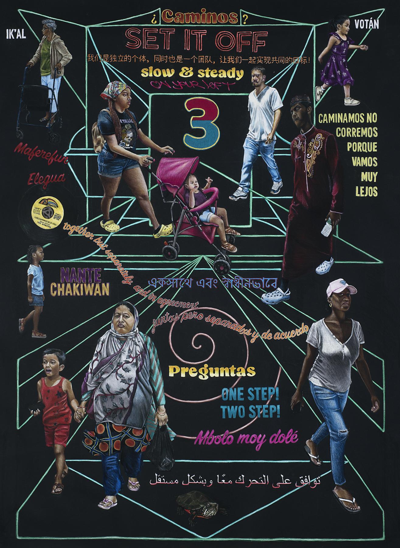 Brown people from various cultures walk in different directions surrounded by geometric shapes and different languages; “Caminos Set it Off” is at the top of the page