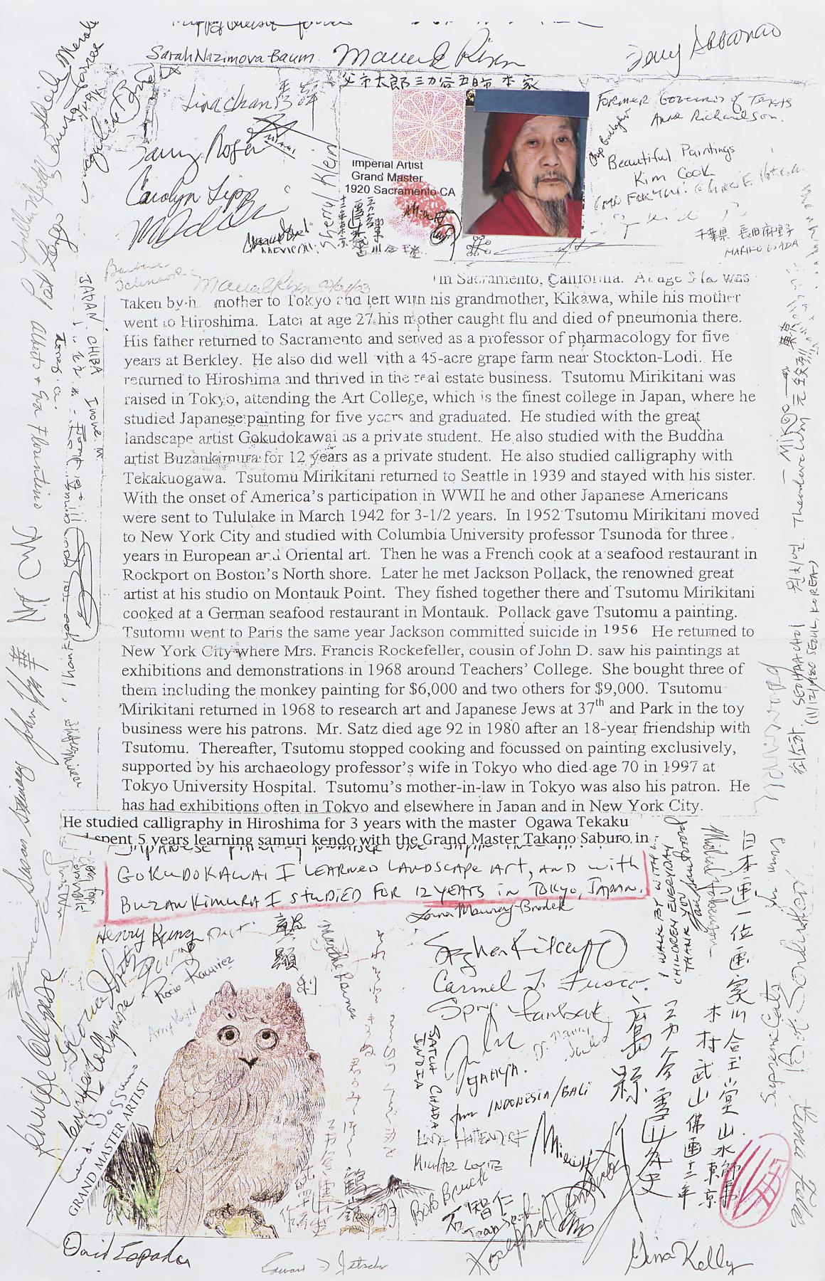    Collage of printed text surrounded by handwritten notes, a photograph of an Asian man wearing a red at the top, and an owl at the bottom