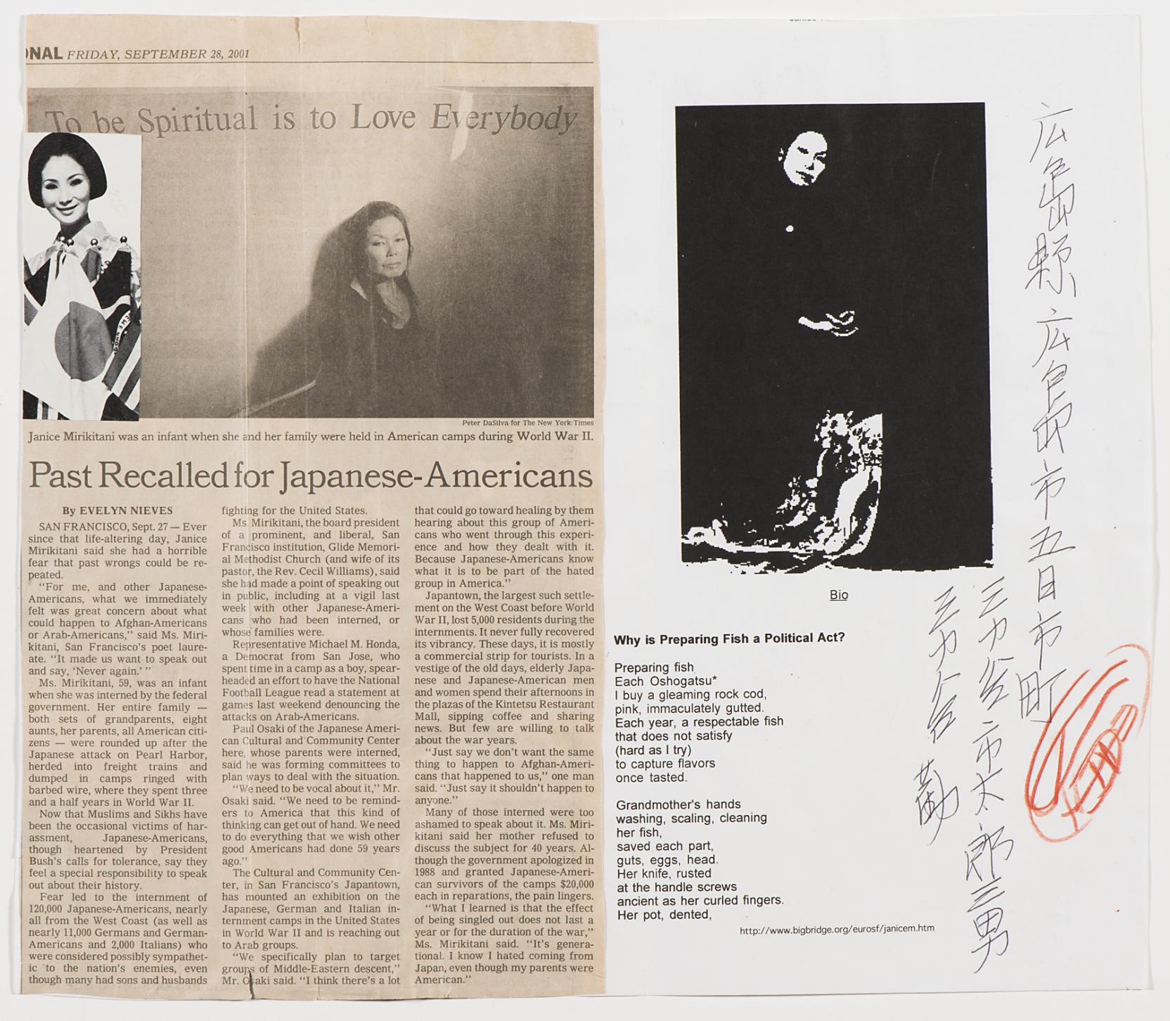 Collage with a newspaper clipping titled “Past Recalled for Japanese-Americans” next to a photo of an Asian woman above a poem titled “Why is Preparing Fish a Political Act?”
