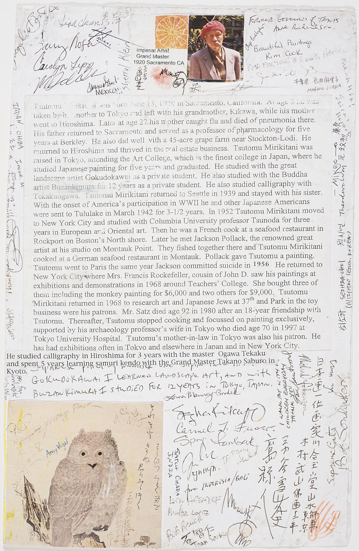 Collage of printed text surrounded by handwritten notes, a photograph of an Asian man in a red man at the top, and an owl at the bottom